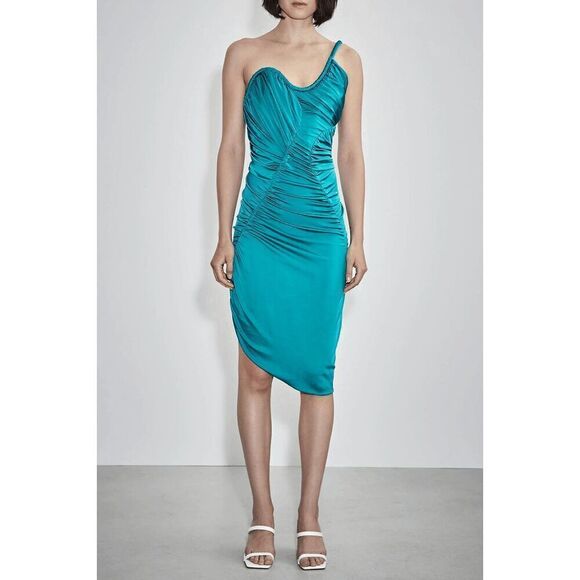 NEW ET Ochs Mary Curve Rushed One-shoulder Satin Teal Midi Dress Pickles Size 8 - Picture 2 of 13